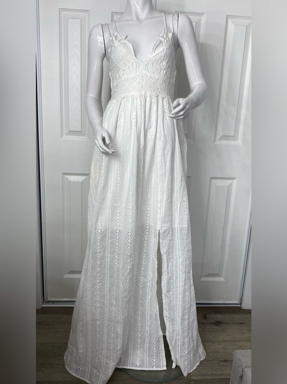 Hummingbird White Eyelet Lace Maxi Dress with Front Slit